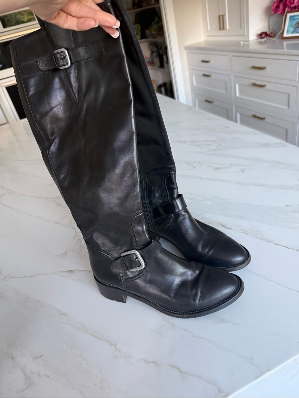 Classic Black Leather Knee-High Buckle Heeled Boots Cole Haan